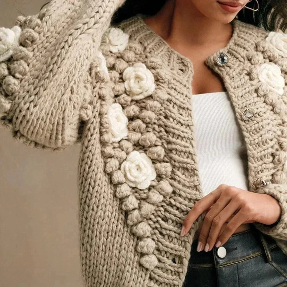 Khaki Casual Women's Crew Neck Long Sleeve Thick Knitted Loose Sweater Jacket - Picture 3 of 7